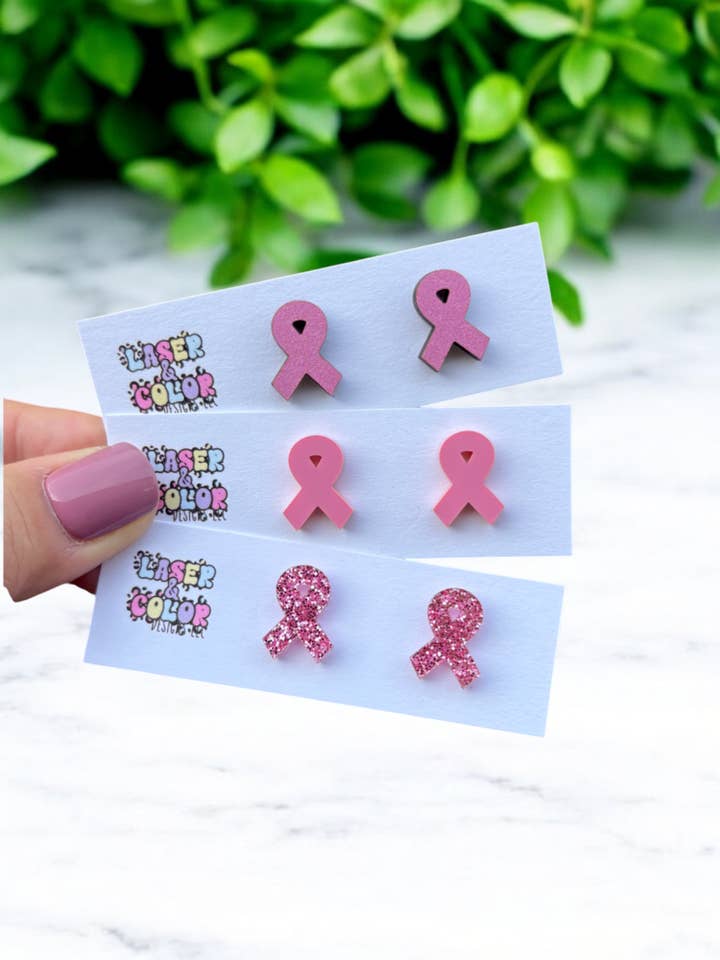 Pink Ribbon Earrings, Breast Cancer Awareness Earrings for wholesale by Laser & Color Designs LLC