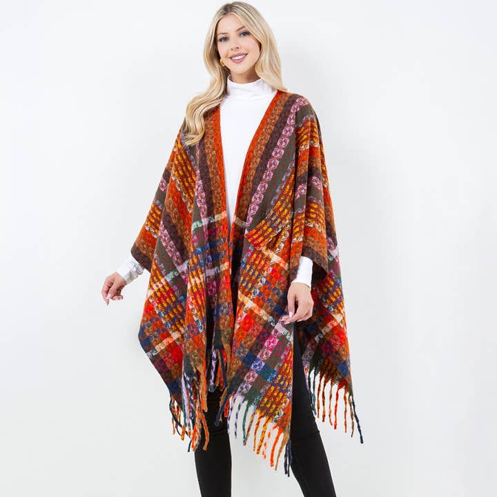 Sensibling Corp. – wholesale Poncho – Women's – Plaid Fringe Poncho Wrap Shawl1