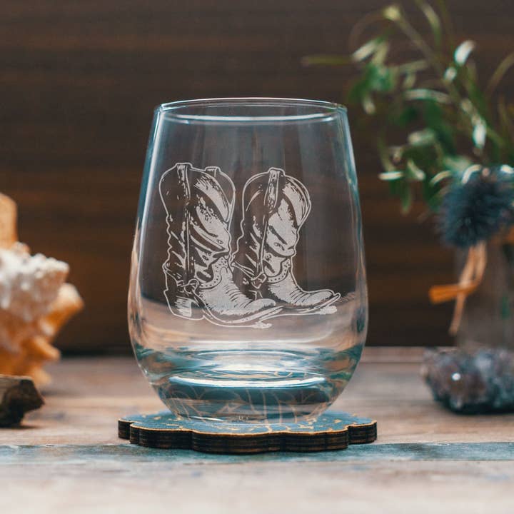 Benoit's Design Co. - Wholesale Cocktail/Liquor Glass - Cowboy Boots Etched Drinking Glasses