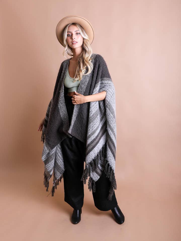 Tone on Tone Stripe Bohemian Ruana Wrap for wholesale by Leto Accessories