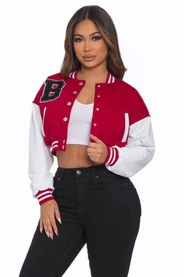 Lime All the Time - Wholesale Varsity/Baseball Jacket - Women's - B Logo Cropped Varsity Jacket with pocket2