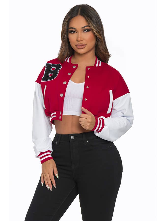 Lime All the Time - Wholesale Varsity/Baseball Jacket - Women's - B Logo Cropped Varsity Jacket with pocket2