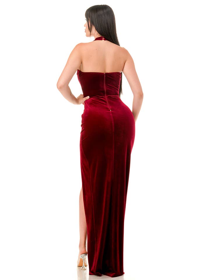 Lovesome - Wholesale Dress - Women's - CD54857: VELVET SEQUIN HALTER NECK SLIP-ON MIDI DRESS