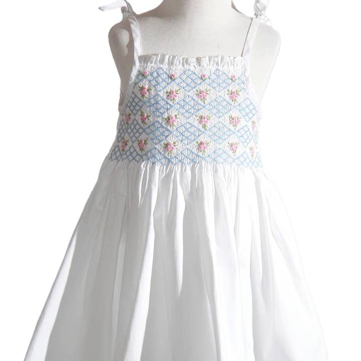 White Geometric Smocked with Two Strings Sleeveless Dress for wholesale by Hello Bebes!