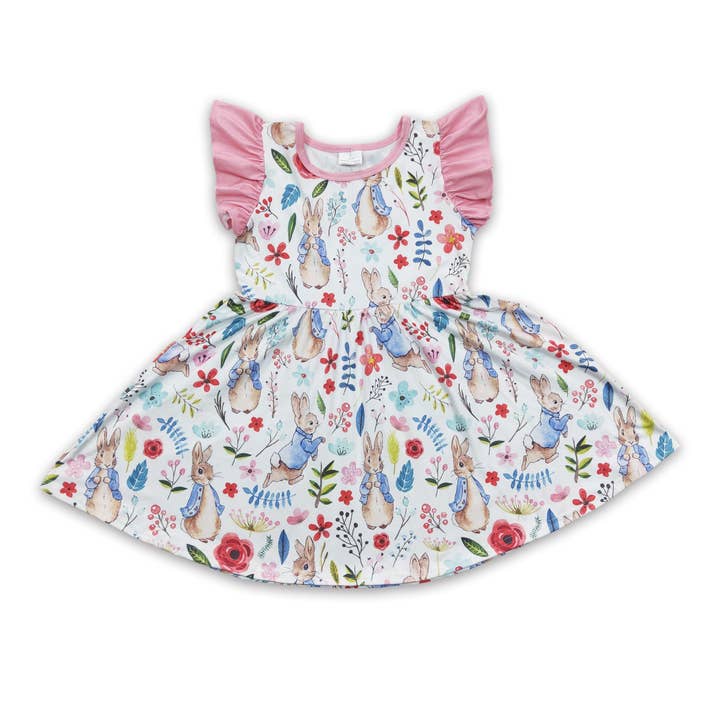 Flutter sleeves rabbit floral baby girls easter twirl dresses for wholesale by Yawoo Garments