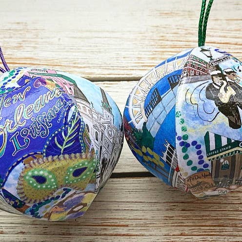Hand-Drawn New Orleans Handmade Mini-Globe Ornament for wholesale by Domesticadence