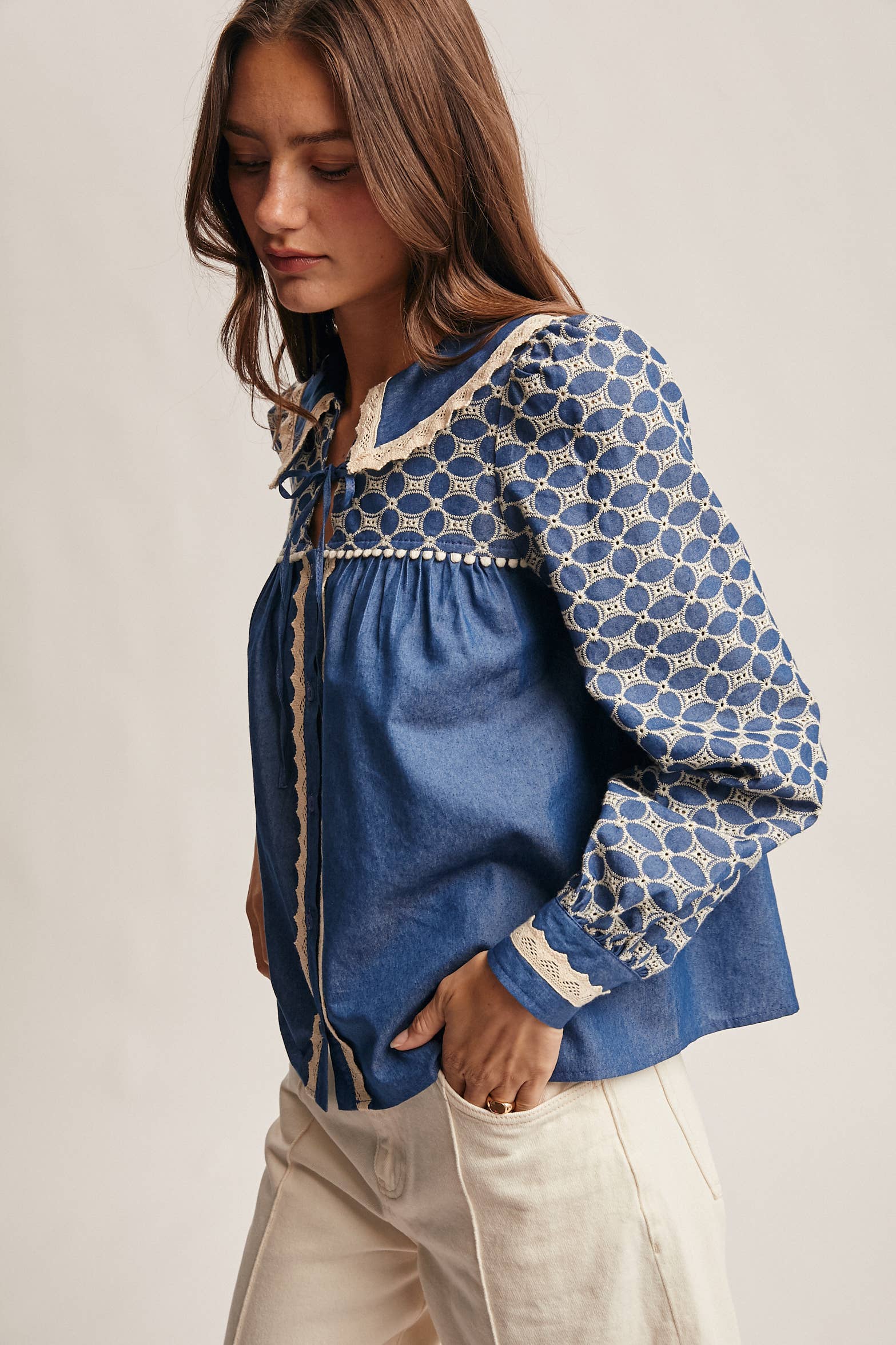 Embroidered Denim Blouse FT0020 for wholesale on Faire4