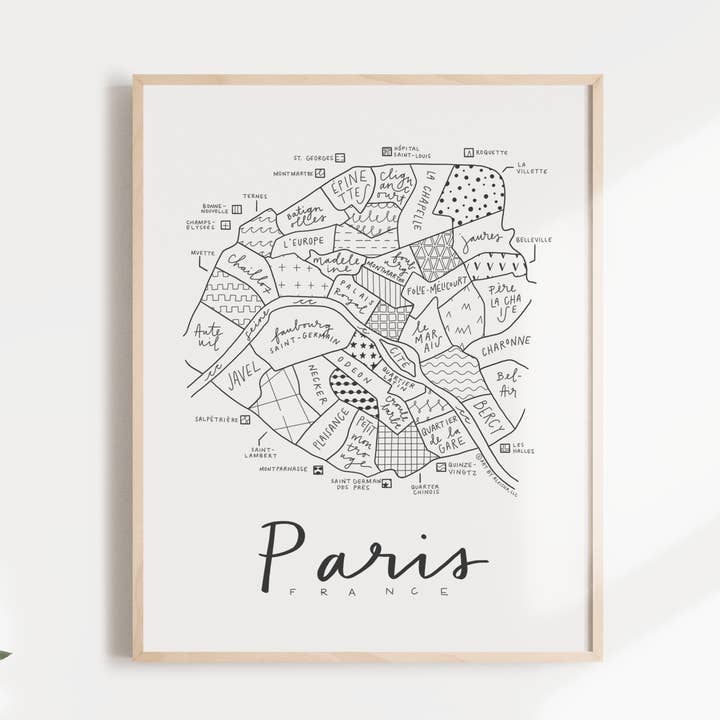 Paris, France Neighborhood Map Print for wholesale by By Aleisha