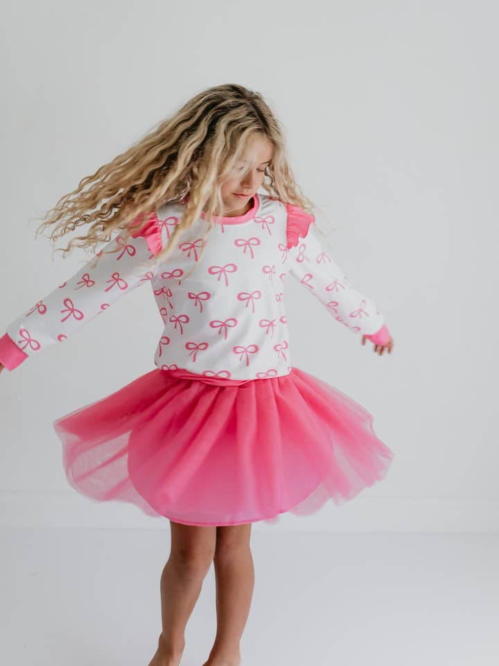 Adorable Sweetness - Wholesale Top & Skirt Set - Kids - Girls White & Hot Pink Coquette Bow and Tulle Skirt Set