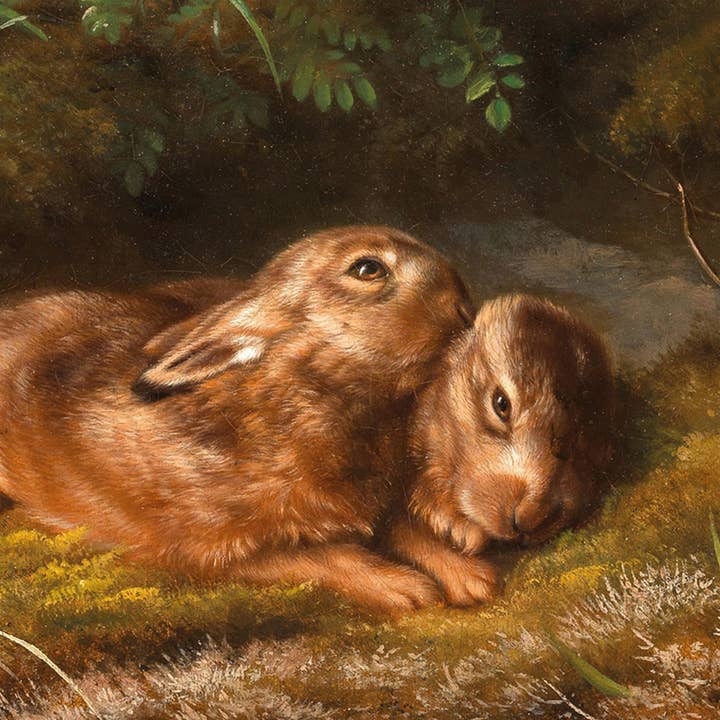 Madison Bay Co. - Historical Home Decor Reproductions - Wholesale Art Print - Two Rabbits Oil Painting Print on Canvas in Black Wood Frame