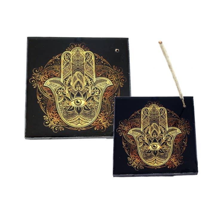 Wooden Incense Burner Plate (4 in.) - Hamsa for wholesale by Designs by Deekay Inc.