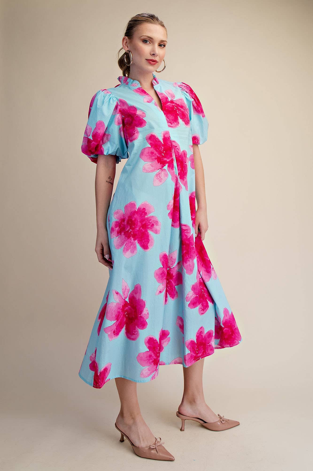 Glam - Wholesale Dress - Women's - Ruffle V-Neck Puff Sleeve Waist Pleated Midi Dress13