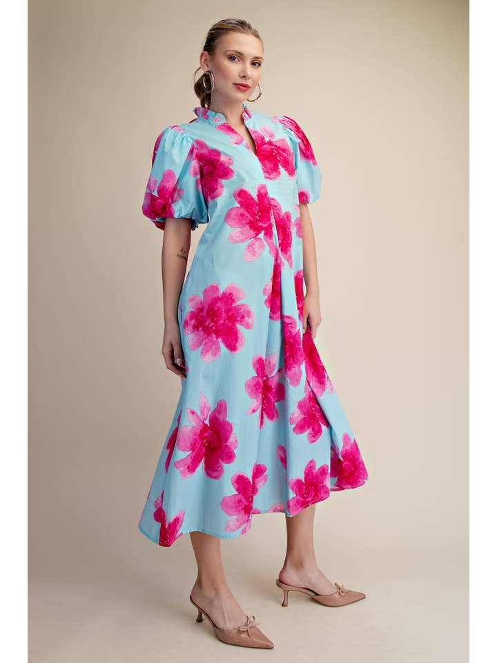 Glam - Wholesale Dress - Women's - Ruffle V-Neck Puff Sleeve Waist Pleated Midi Dress13