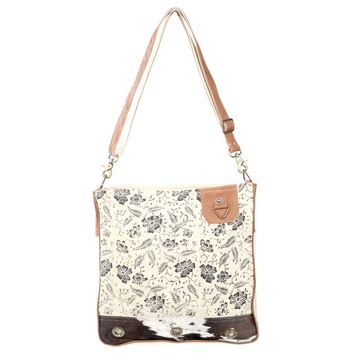 Cream Shoulder Bag With Cowhide Trim And Flowers for wholesale by Benjamin International