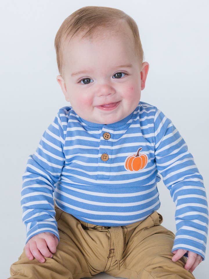 Baby Boys Pumpkin Periwinkle Blue Stripe Knit Long Sleeve Embroidered Henley Bodysuit
for wholesale by RuffleButts + RuggedButts