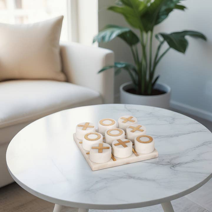 Marble Brass Inlay Tic-tac-toe Table Game - White, 7 in. for wholesale by Sagebrook Home