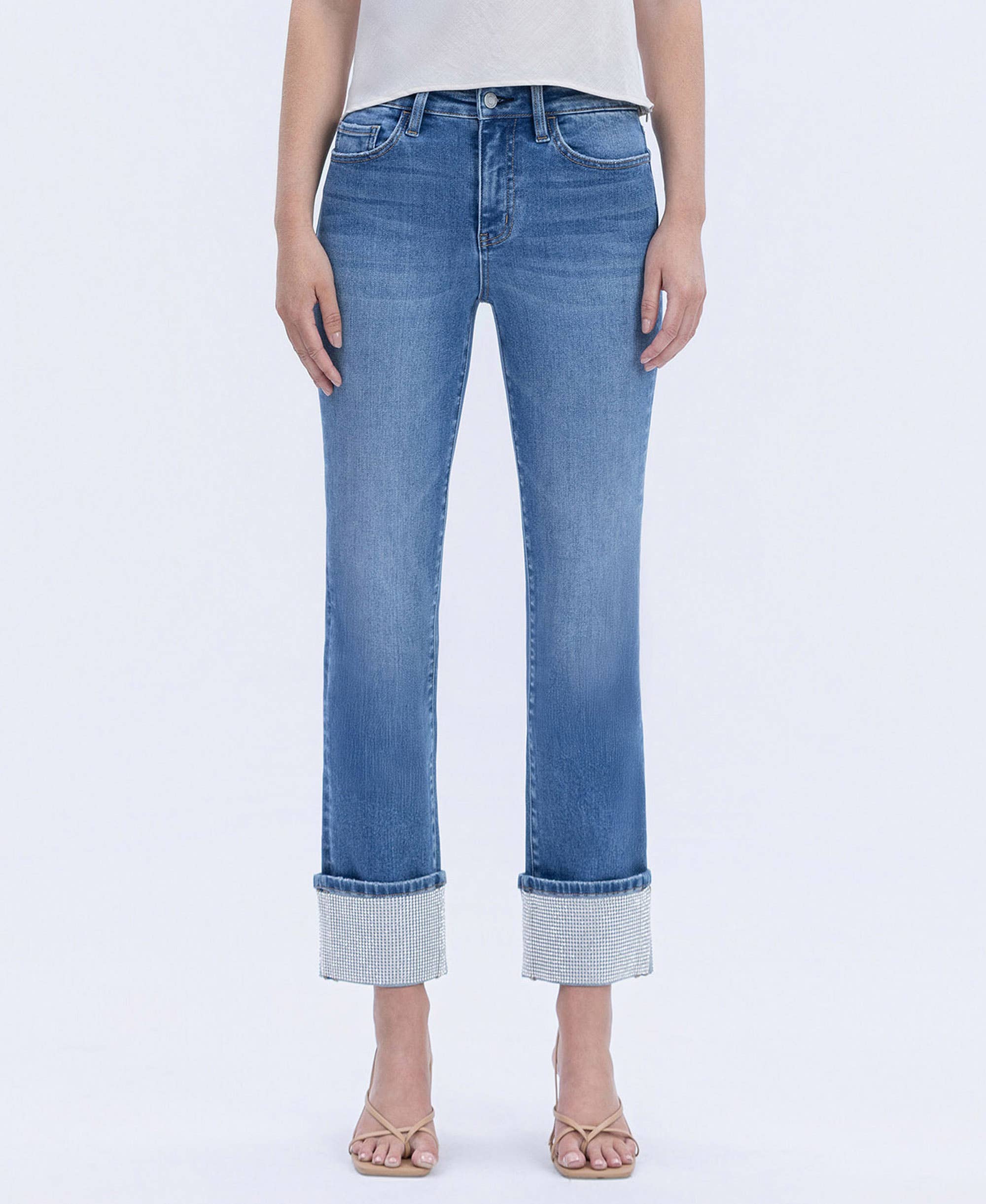 RADIANT DREAM HIGH RISE RHINESTONE CUFFED SLIM STRAIGHT JEANS T7004 for wholesale on Faire0