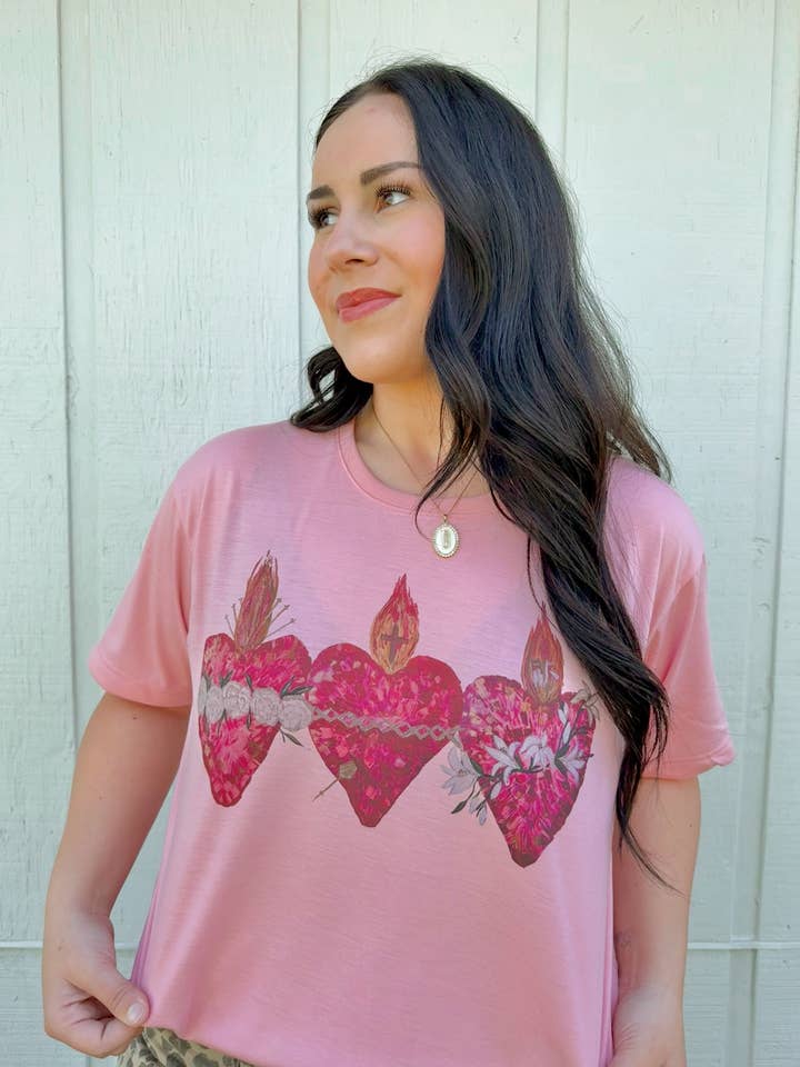 Red Holy Hearts T-Shirt on Pink for wholesale by Harleigh Leonards Designs
