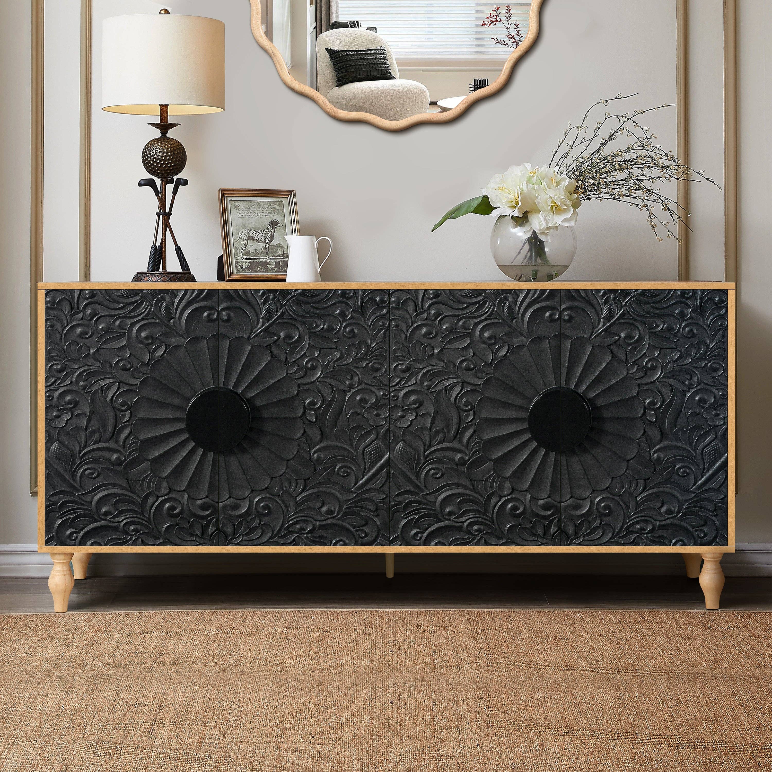 Orange County Decor - Wholesale Console Table - Black Carved Symmetrical Design Door And Wood Coloured Frame For Tv Stand Table,Living Room ,Entryway Black Natural Primary Living Space Mdf2