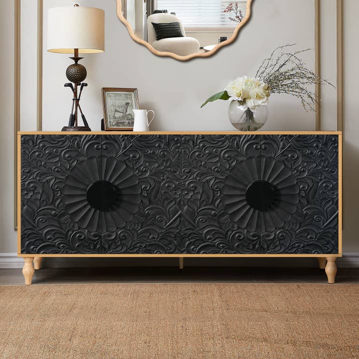 Orange County Decor - Wholesale Console Table - Black Carved Symmetrical Design Door And Wood Coloured Frame For Tv Stand Table,Living Room ,Entryway Black Natural Primary Living Space Mdf2