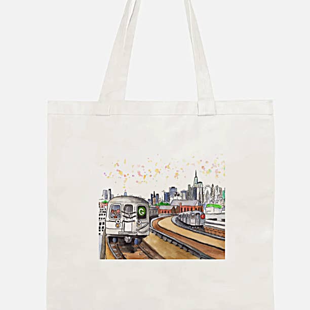 BORSA A TRACOLLA G-TRAIN DIREZIONE BROOKLYN-100% COTONE-FATTA A MANO per la vendita all'ingrosso da parte di Johnnerdraws