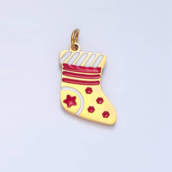 Stainless Steel Star Lined Enamel Stocking Sock Christmas Holiday Charm | P1503 for wholesale by Aim Eternal