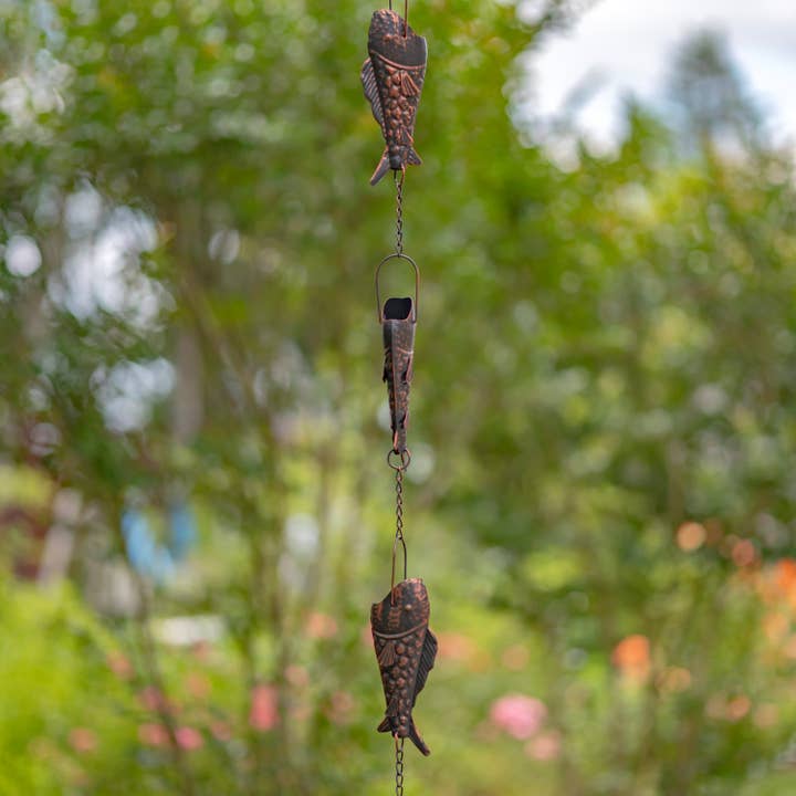 76.75" Long Antique Bronze Rain Chain with Rainbow Trout for wholesale by Zaer Ltd. International