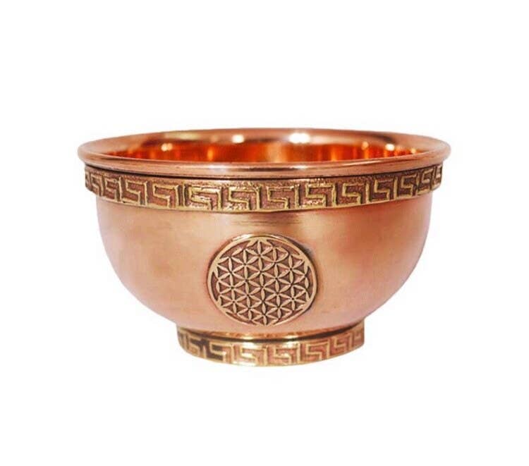 Desarwen - Vendita all'ingrosso Attrezzatura per meditazione - Calderone in rame per rituali magici con triquetra, fiore della vita e luna tripla4