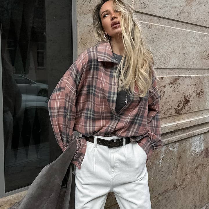 Marayn - Wholesale Buttoned-down shirt – Women's - Autumn Vintage Oversized Plaid Shirt Chic Versatile10