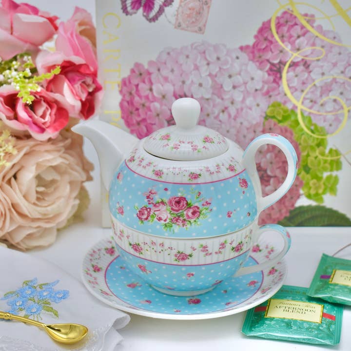 All Little Cute Things - Wholesale Tea Set - Tea for One Gift Set. Sweet Romance Floral Aqua Blue