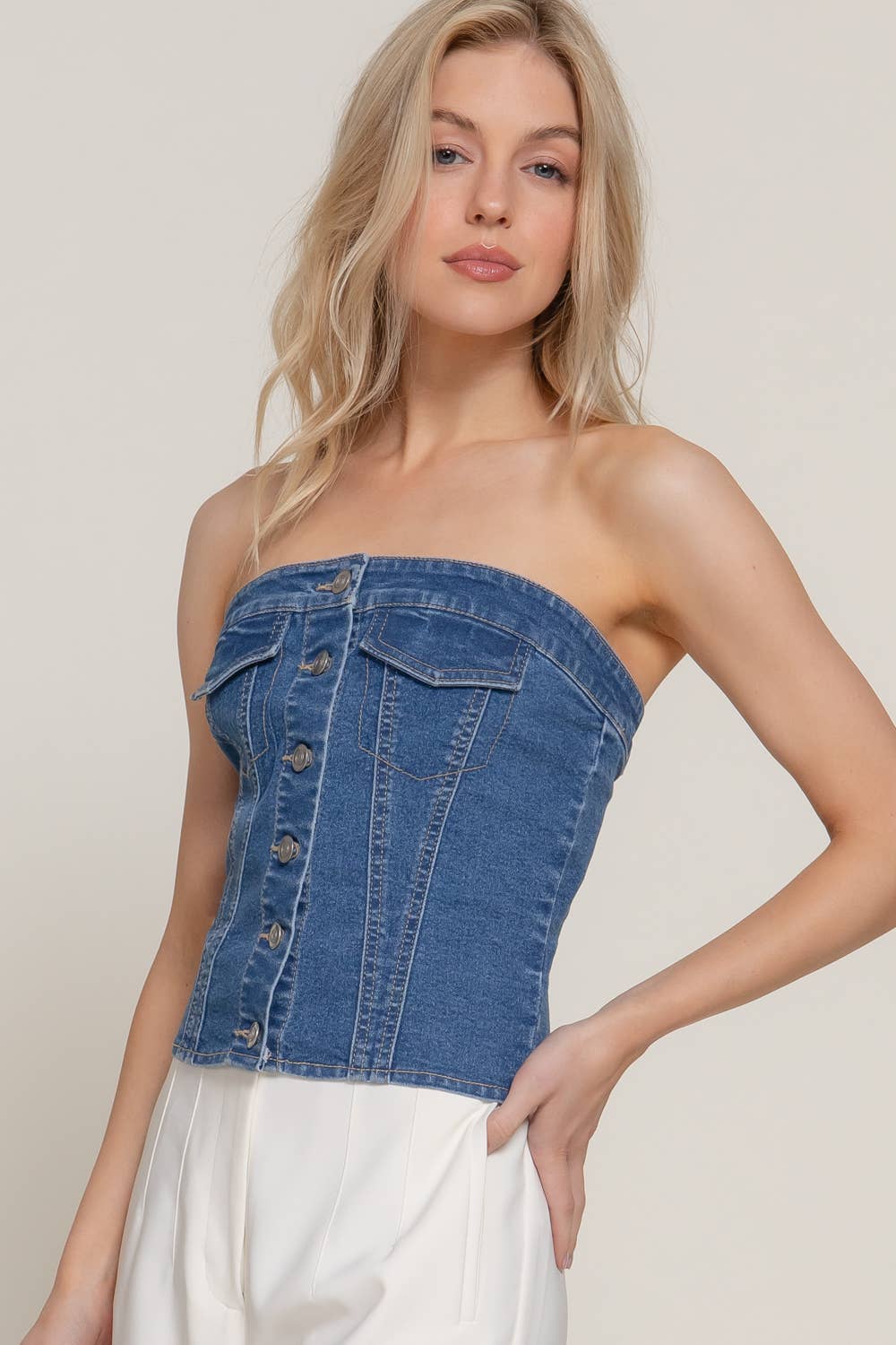 Button Down Placket Stretch Denim Tube Top for wholesale on Faire3