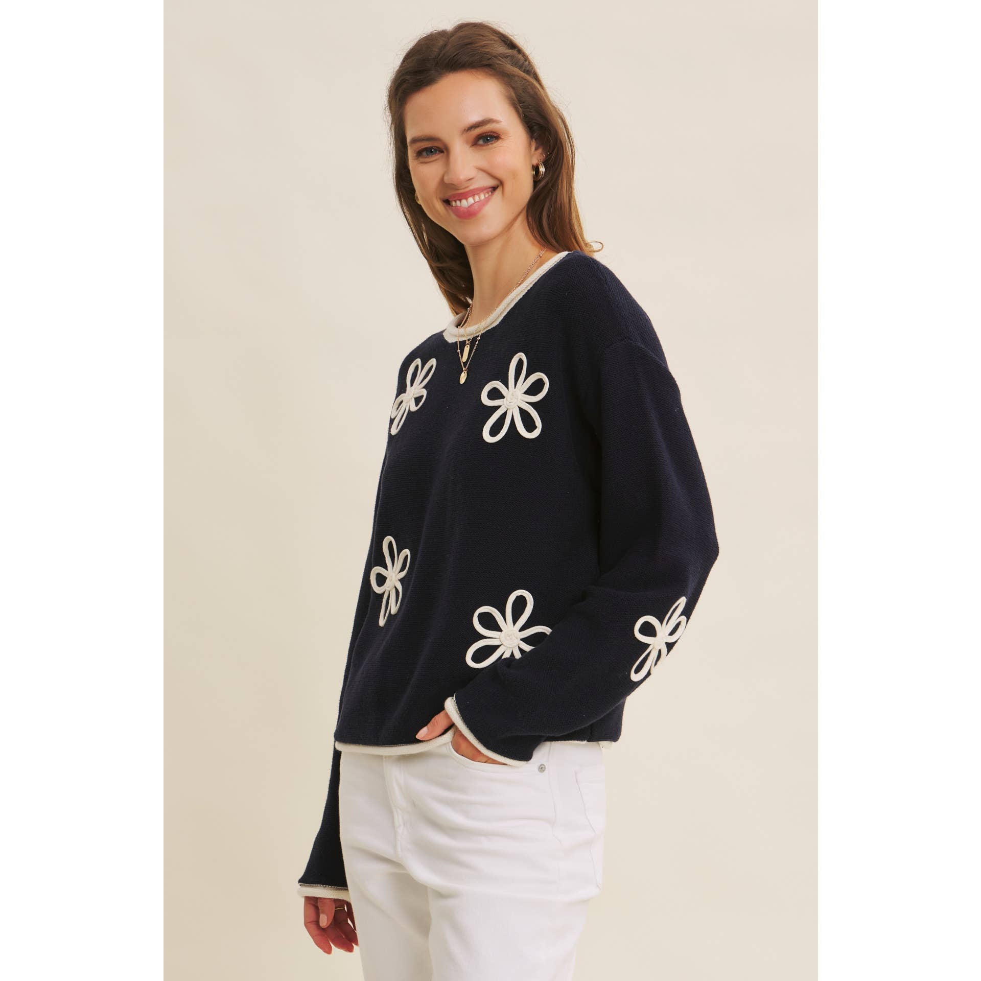 in february - Wholesale Knit Sweater - Women's - EFFORTLESS COMFORT CONTRAST FLORAL APPLIQUE SOFT SWEATER20