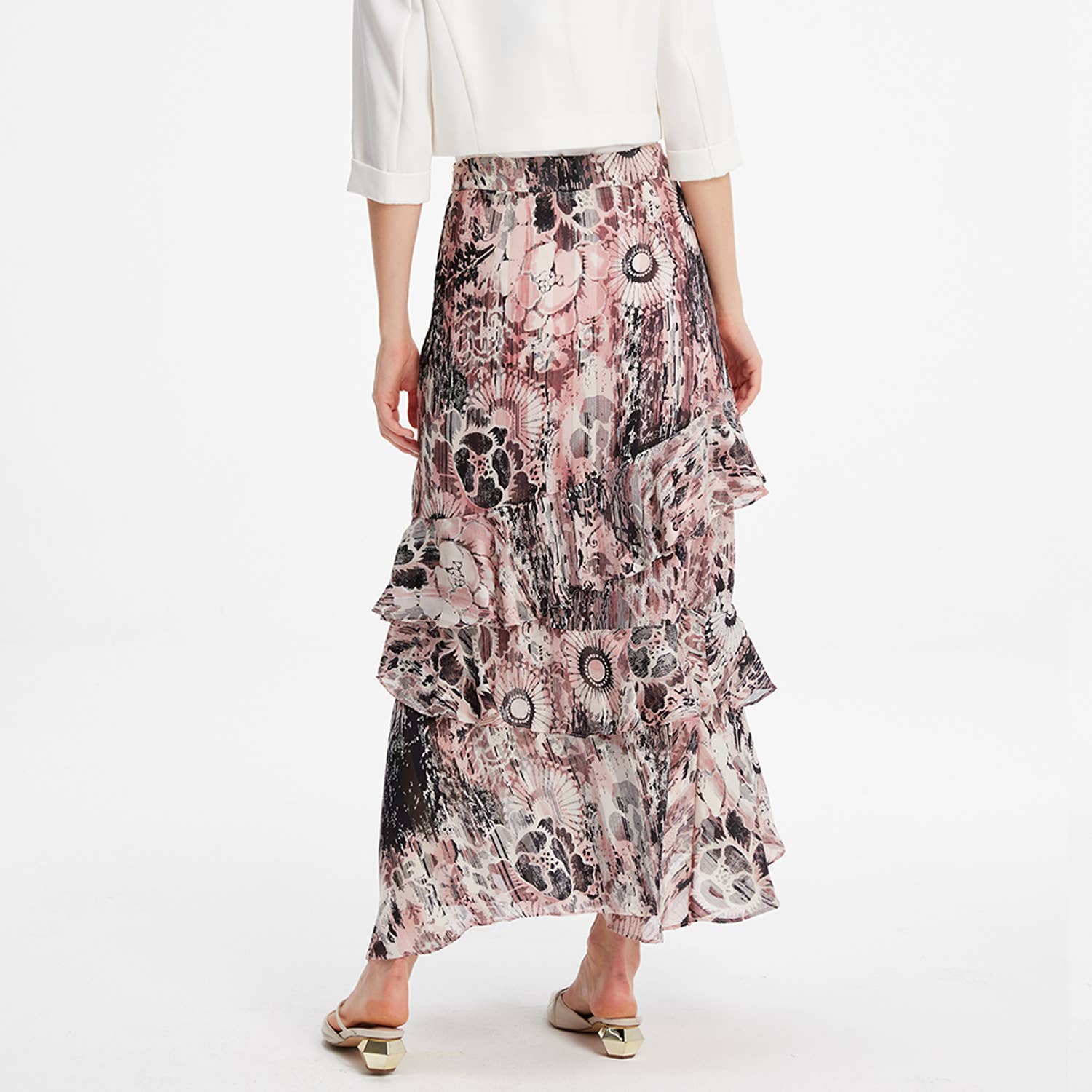 Smart and Joy - Wholesale Skirt - Women's - Long chiffon skirt with ruffles and graphi floral print4