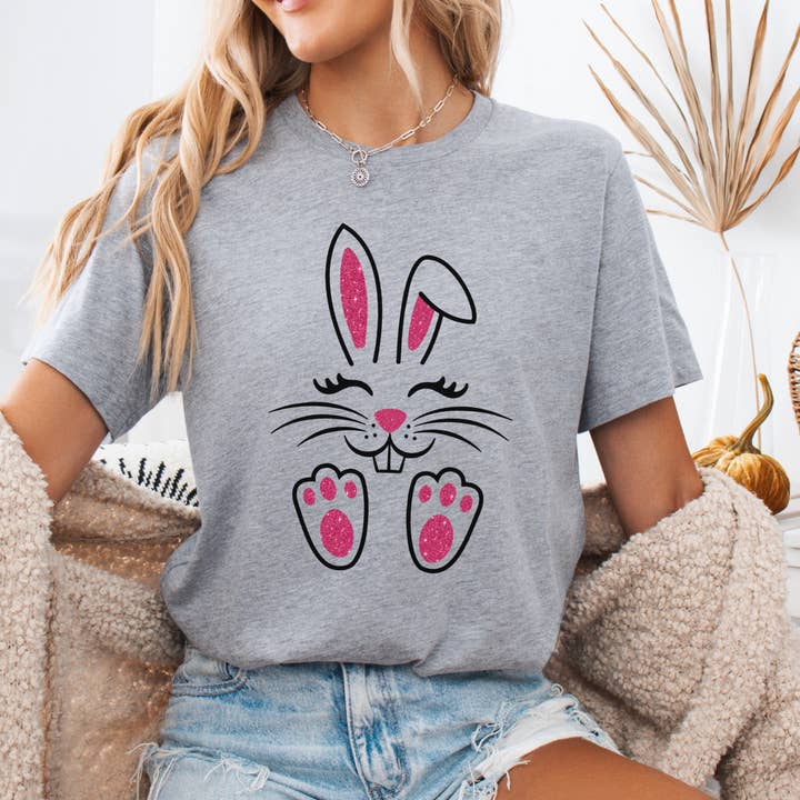 ATTA TOOD LLC - Wholesale T-Shirt (Graphic) - Women's - Cute Easter bunny women's graphic t-shirt, faux pink glitter1
