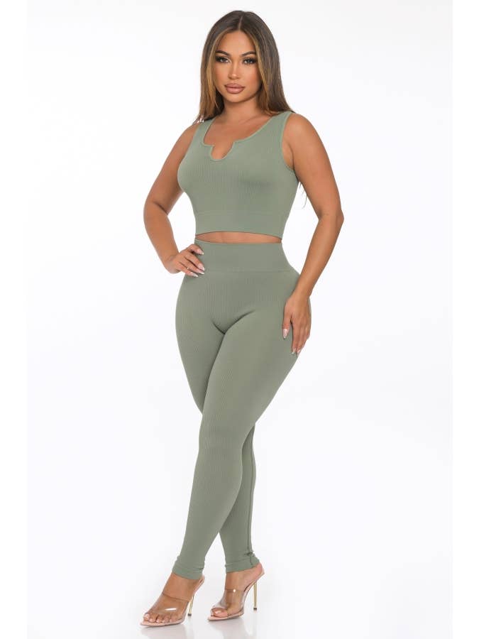 Lime All the Time - Wholesale Lounge Set - Women's - 2 Pcs Seamless Notch U Neckline Tank Top and Legging Set