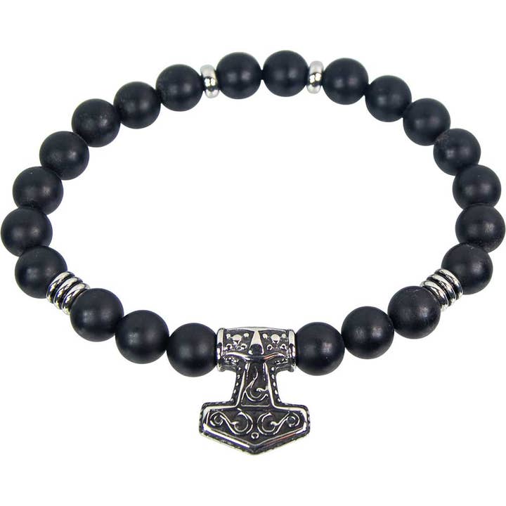 Bracelet élastique avec perle de 10 mm en agate noire mate avec marteau Viking pour la vente par Kheops International