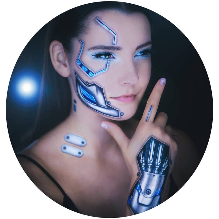 2 x Death Metal Cyborg Temporary Tattoo, Halloween Costume for Women and Men, Adult, Glow in the Dark for wholesale by TATTOOCREW