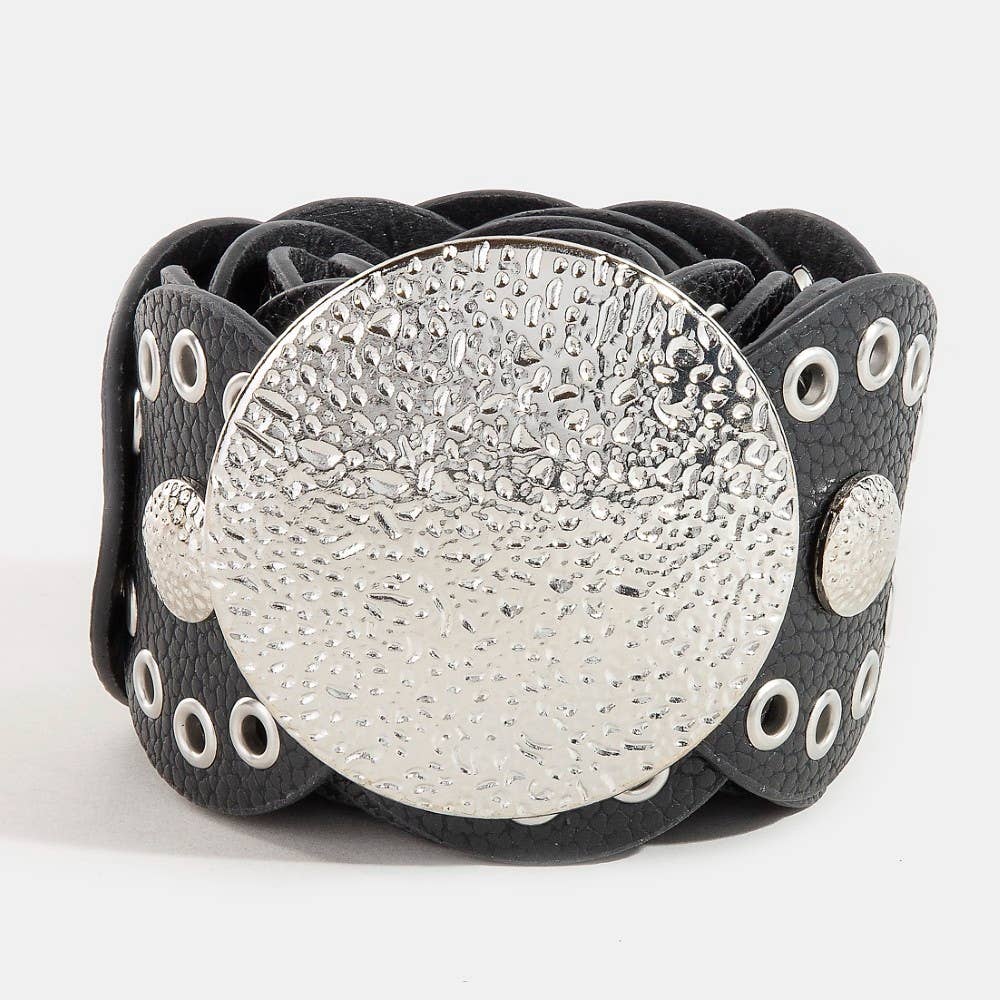 Collections by Fame Accessories - Wholesale Belt - Women's - Hammered Disc Accent Faux Leather Panel Link Belt5