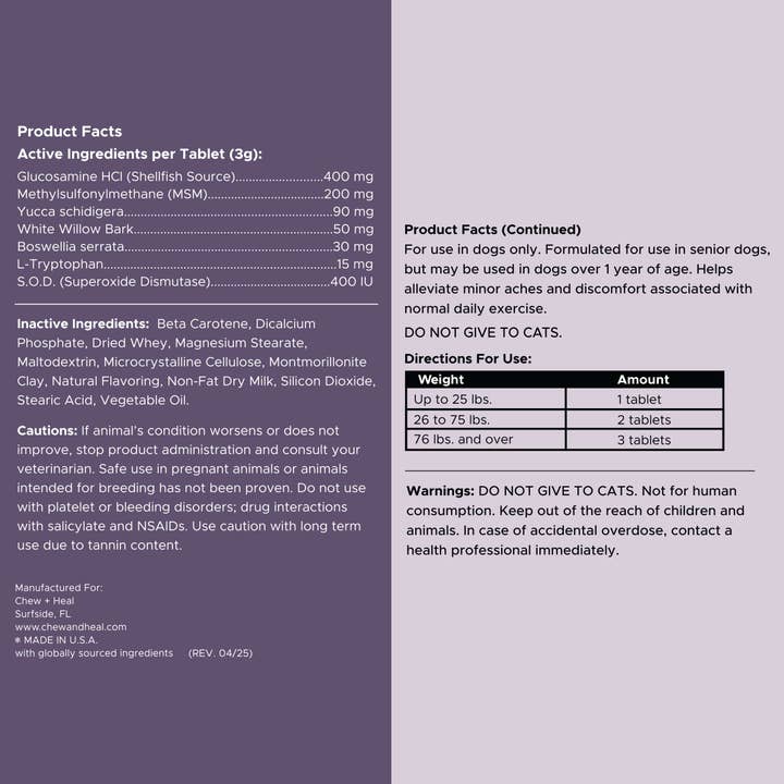 Chew + Heal - Wholesale Pet Supplement - Dog - Senior Mobility and Vitality Tablets, 120 Count 8