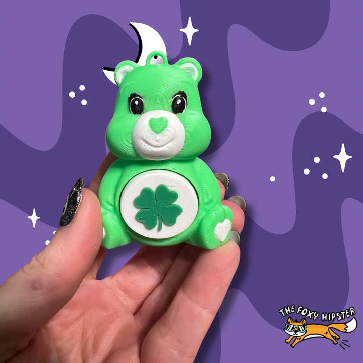 Green Cheer Bear Fidget Toy Clicker Keychain Bag Charm for wholesale by The Foxy Hipster