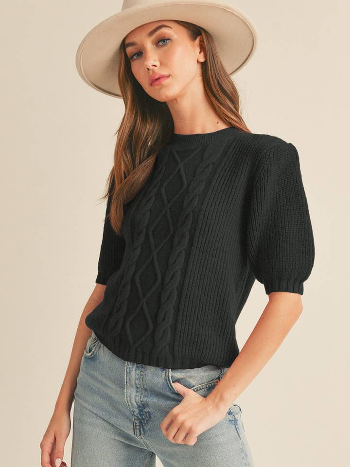 &MERCI - Wholesale Knit Sweater - Women's - CABLE KNIT SHORT PUFF SLEEVE SWEATER MSW104013