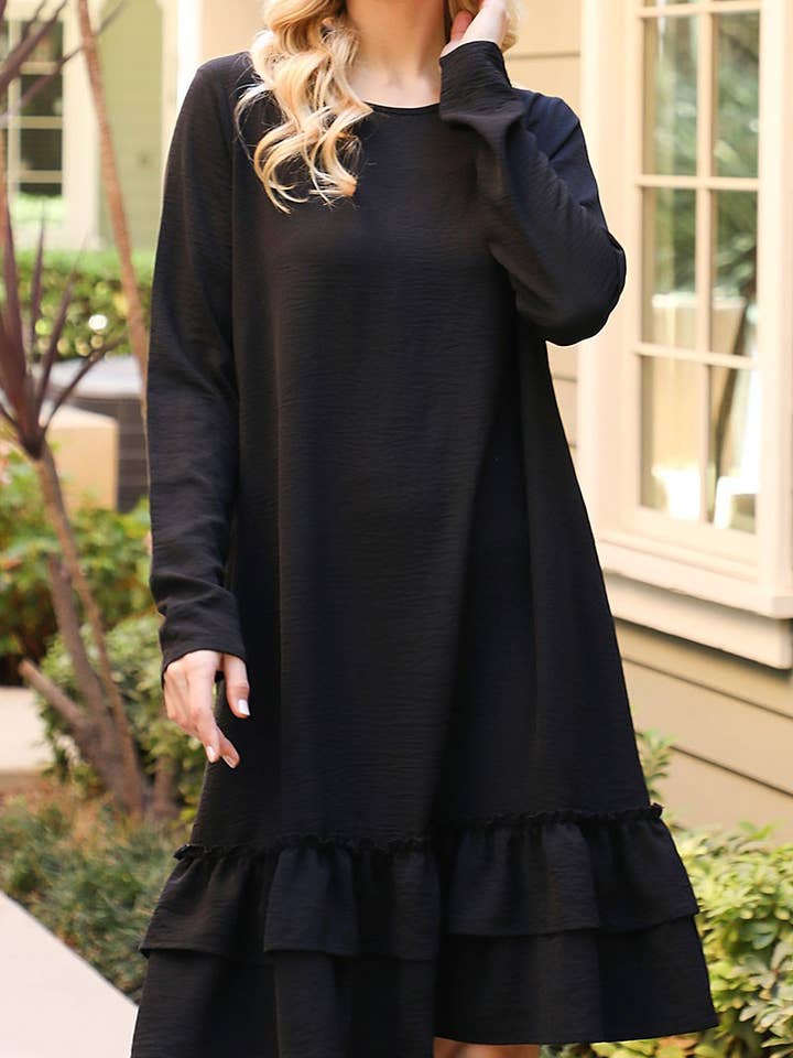 LONG SLEEVE FLAT MERROW DETAIL HEM WOVEN DRESS for wholesale by ROUSSEAU