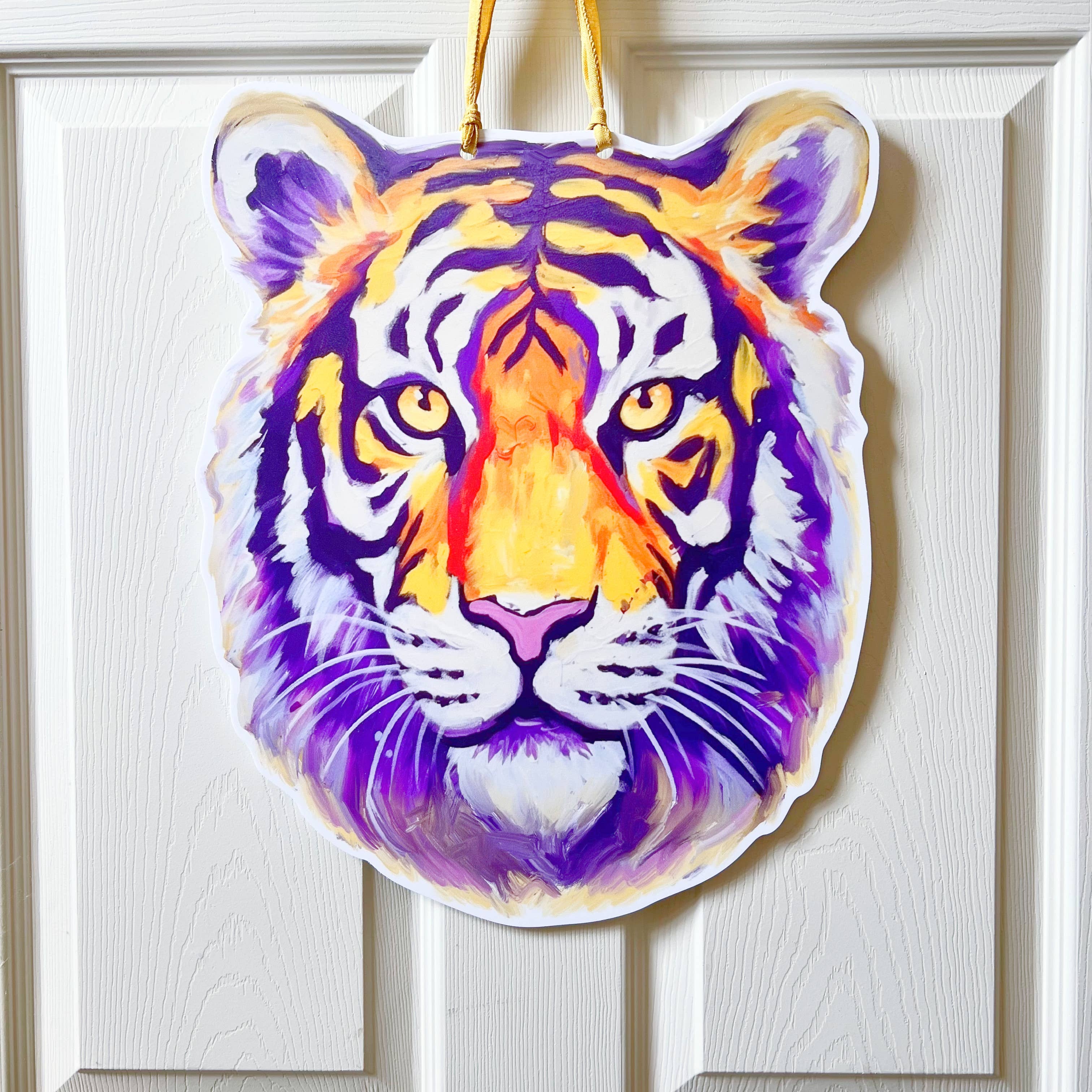 Purple and Gold Tiger Head Door Hanger-Louisiana Football for wholesale by Home Malone