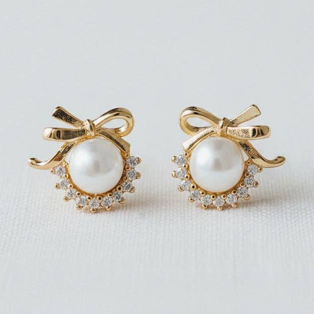 Chic Pearl Bow Drop Earrings for wholesale by Ellemadera