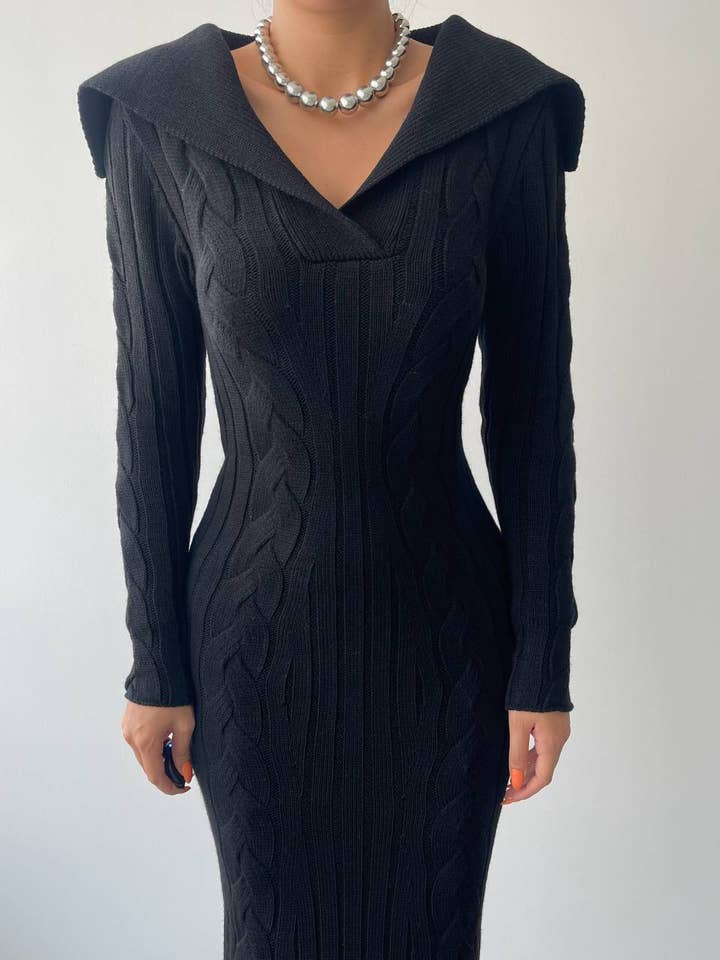 Design company-Fatma Balkir - Wholesale Dress - Women's - Wide Collar Cable Knit Long Slim Dress – Fitted Tricot dress4