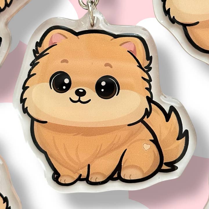 Portachiavi Cane Pomerania in Acrilico Color Tan con Resina Epossidica | Clip Facile, Carino Cartone Animato di Cane, Design Disegnato a Mano, Regalo per Amanti dei Cani per la vendita all'ingrosso da parte di Milly Made Designs
