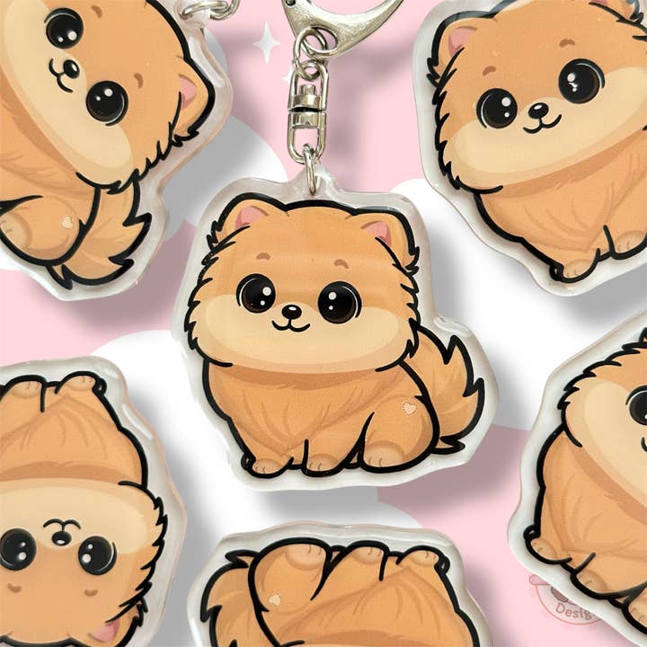 Tan Pomeranian Acrylic Dog Keychain with Epoxy Resin | Easy-Clip, Cute Dog Cartoon, Hand-Drawn Design, Dog Lover Gift for wholesale by Milly Made Designs
