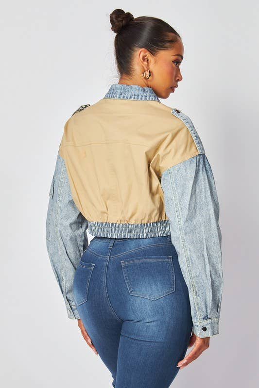 House of E ATL LLC – wholesale Denim jacket – Women's – Denim Contrast Crop Button Up Jacket - HOEA9742