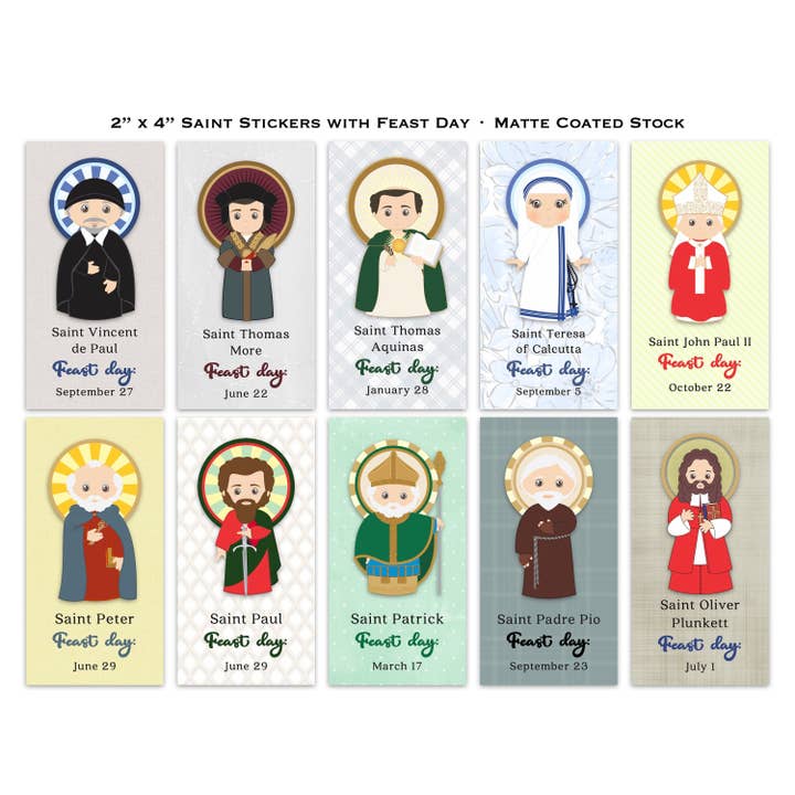 Set of 50 - 2x4" Saint Stickers with feast day. Kids Saint Stickers. First Communion. Homeschooling. Catholic Gift. Catholic Saint Stickers. for wholesale by Meyer Market Designs
