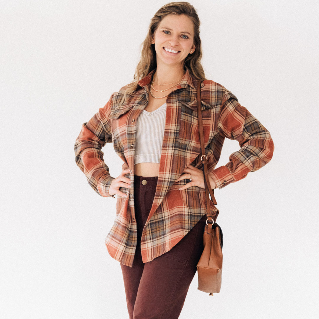 HAHA MAMA Clothing - Vendita all'ingrosso Camicia button down - Unisex - Flanella leggera color ruggine a quadri per adulti2